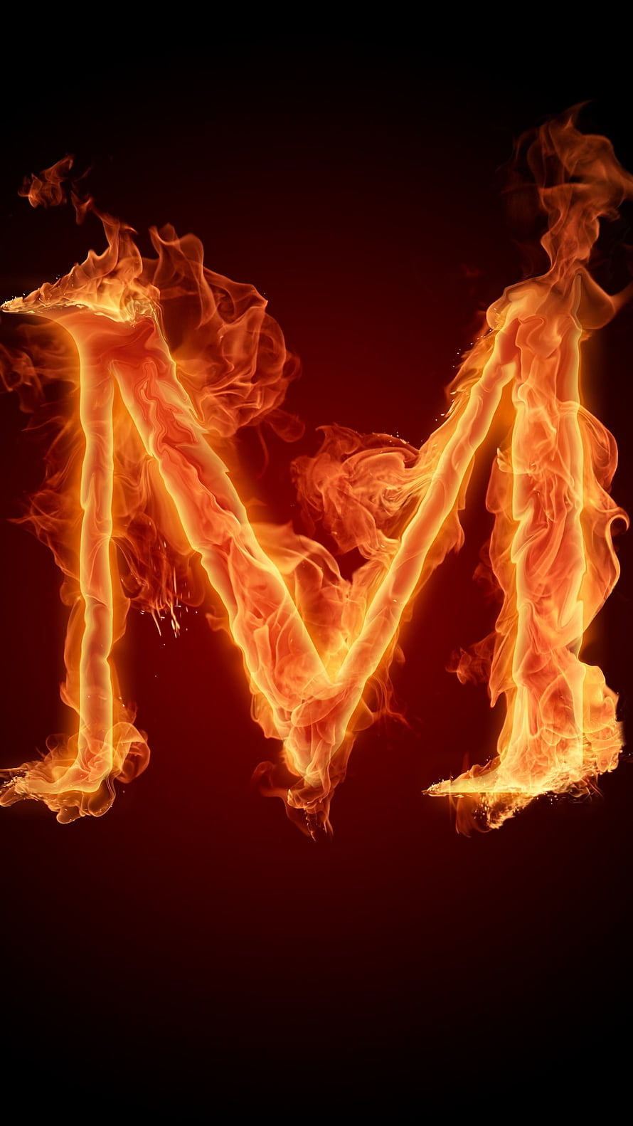 Flaming Letter M with Intense Orange Flames on a Dark Red Background HD phone wallpaper