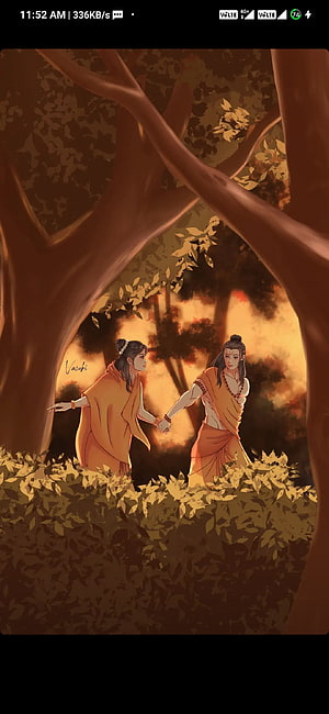 Romantic digital art of two figures holding hands in a golden autumn forest with warm lighting, Ram sita, people_in_nature, art HD phone wallpaper
