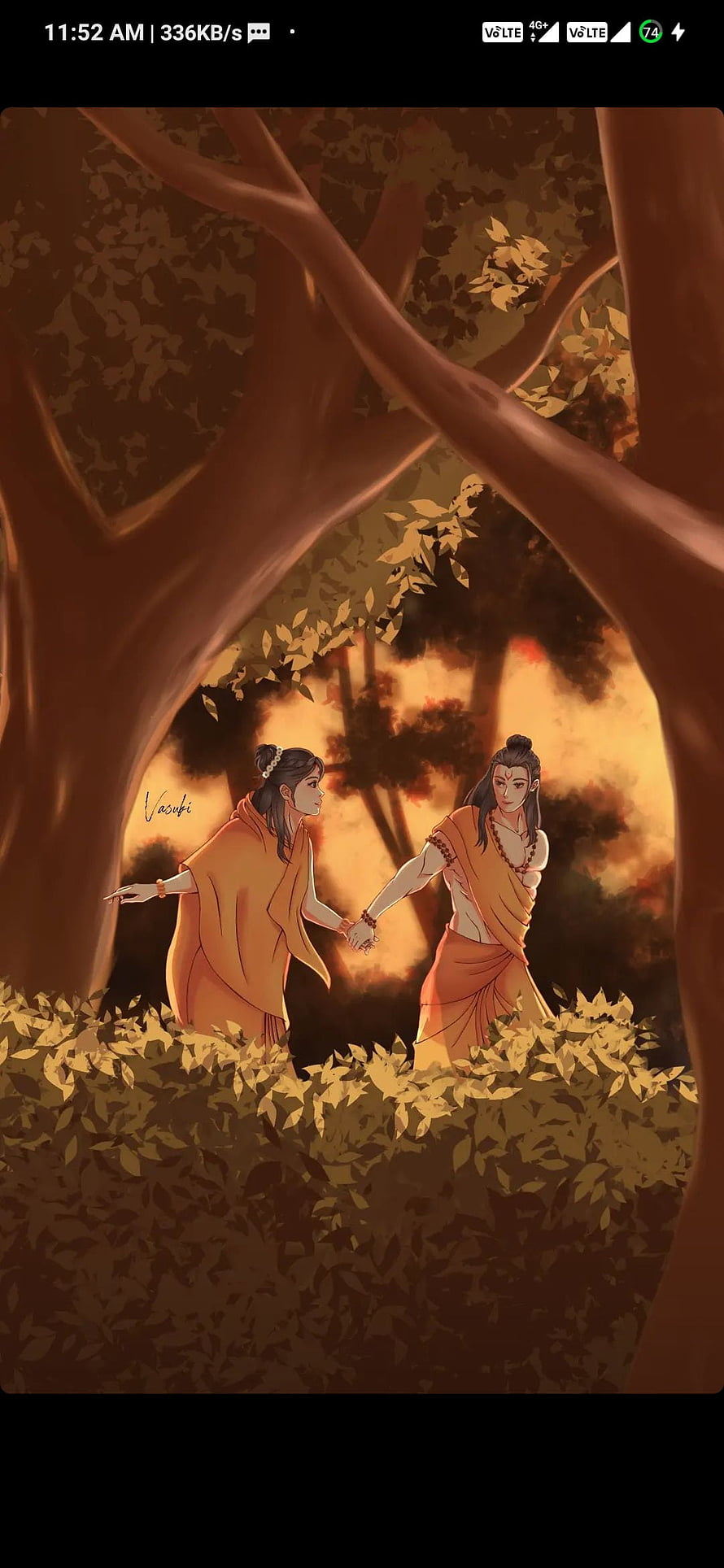 Romantic digital art of two figures holding hands in a golden autumn forest with warm lighting, Ram sita, people_in_nature, art HD phone wallpaper