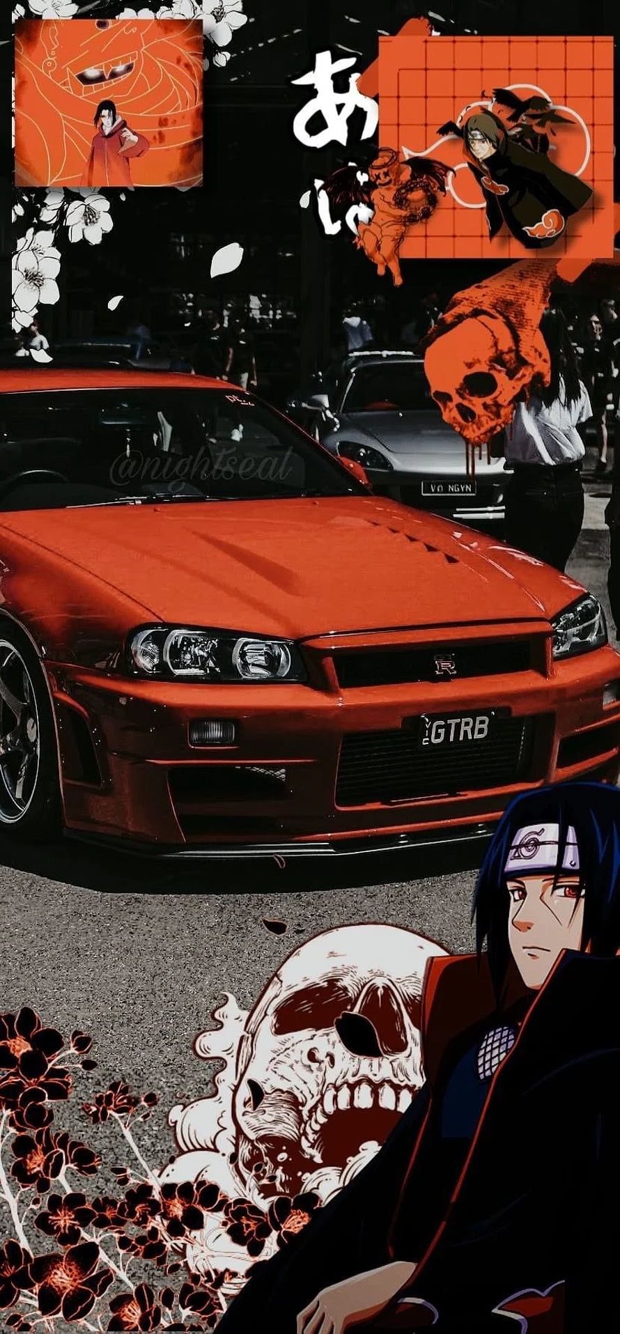 Itachi Uchiha and Orange Nissan Skyline GT-R R34 Anime Car Wallpaper HD phone wallpaper