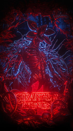 Stranger Things Season 4 Demogorgon Neon Poster with Bicycles and Skulls in Dark Forest HD phone wallpaper