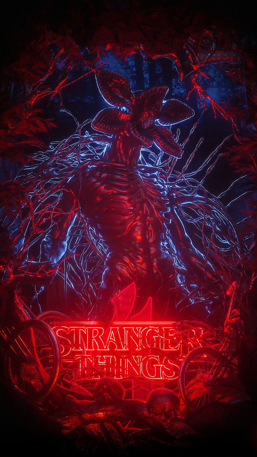 Stranger Things Season 4 Demogorgon Neon Poster with Bicycles and Skulls in Dark Forest HD phone wallpaper