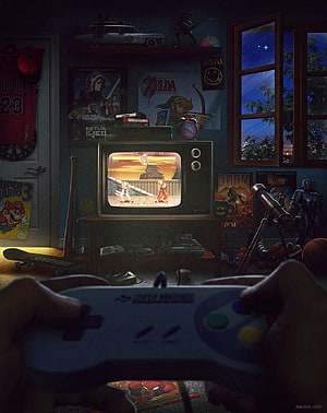 Nostalgic Bedroom Scene Featuring Retro Gaming Setup and Vintage Console Controller HD phone wallpaper