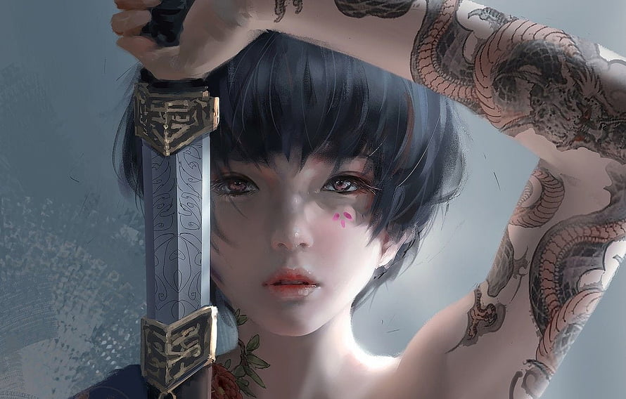Female Samurai Warrior Holding Ornate Katana With Dragon Arm Tattoos HD wallpaper