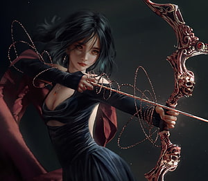 Dark Fantasy Archer Woman Drawing Ornate Skull Bow in Black Dress, Fantasy girl, art, black, fantasy, nixeu, archer, girl, bow HD wallpaper
