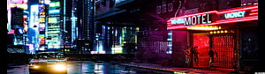 Neon-lit Cyberpunk City Street with Retro Car and No-Tell Motel Sign HD wallpaper