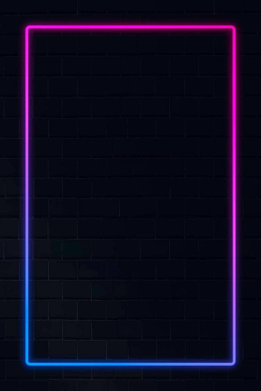 Pink and blue neon rectangular frame glowing on a dark brick wall background HD phone wallpaper