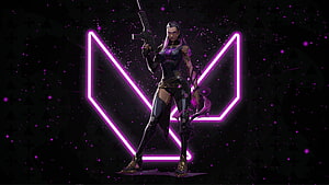Reyna from Valorant in a dark cyberpunk setting with neon purple geometric shapes and a rifle HD wallpaper
