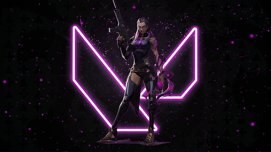 Reyna from Valorant in a dark cyberpunk setting with neon purple geometric shapes and a rifle HD wallpaper