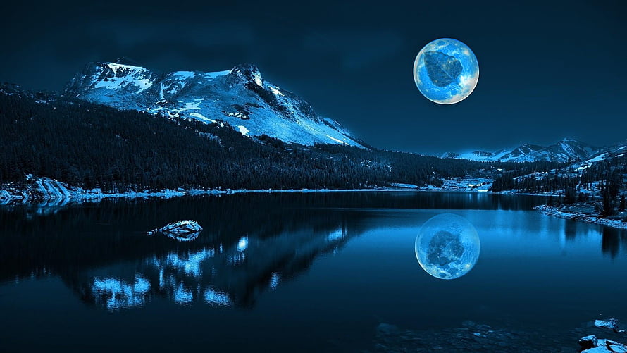 Full Moon Over Snow-Capped Mountains Reflected in a Calm Alpine Lake at Night HD wallpaper