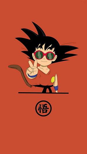 Kid Goku Wearing Red Sunglasses and Making a Peace Sign on Orange Background HD phone wallpaper