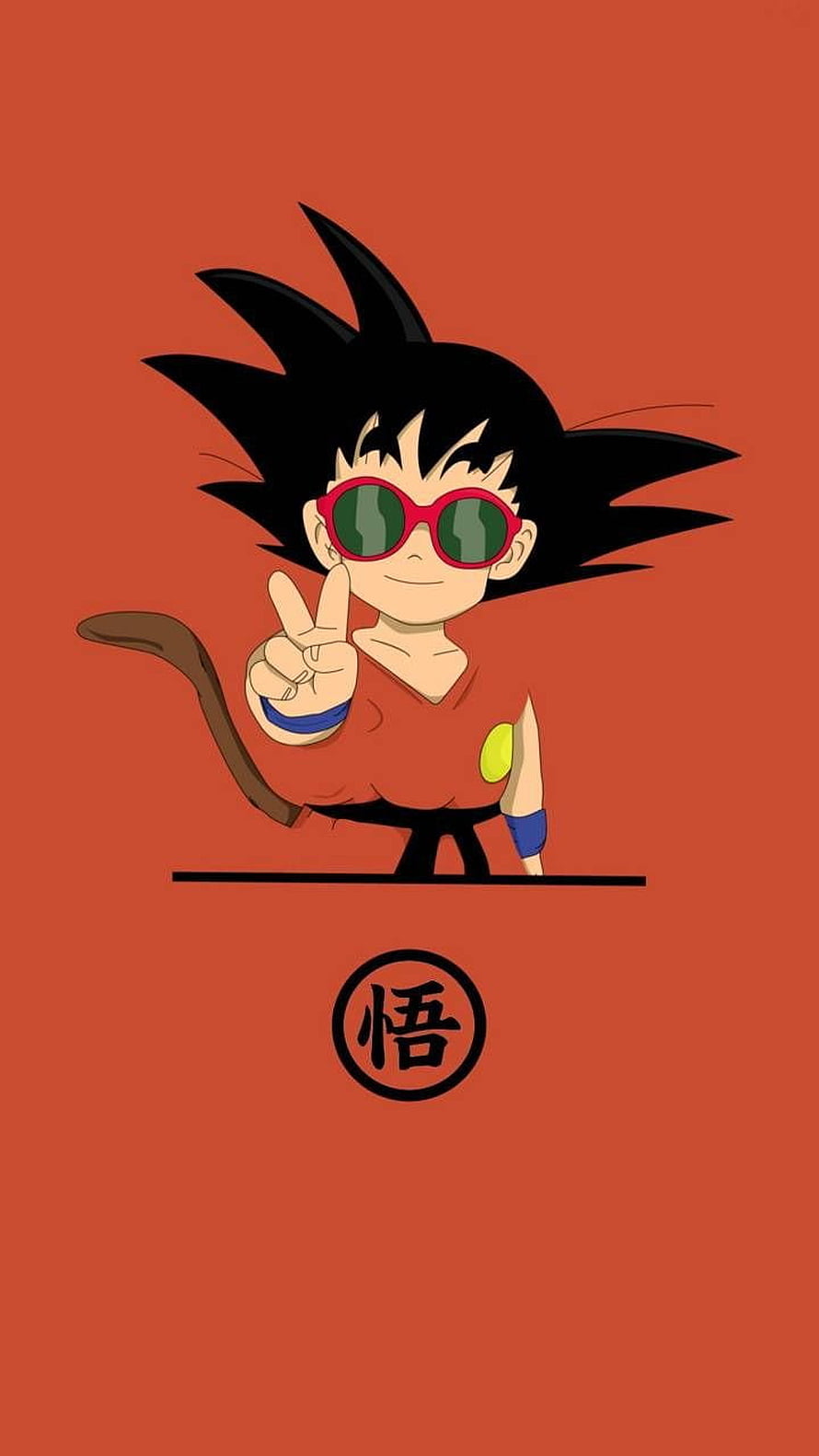 Kid Goku Wearing Red Sunglasses and Making a Peace Sign on Orange Background HD phone wallpaper