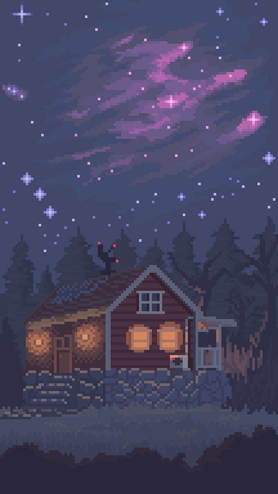 Pixel Art Cozy Cabin Under Starry Night Sky With Purple Aurora And Pine Forest HD phone wallpaper