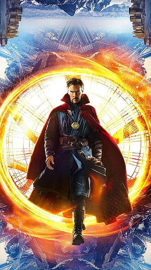 Doctor Strange in a Glowing Portal with a Mirrored Cityscape Background HD phone wallpaper