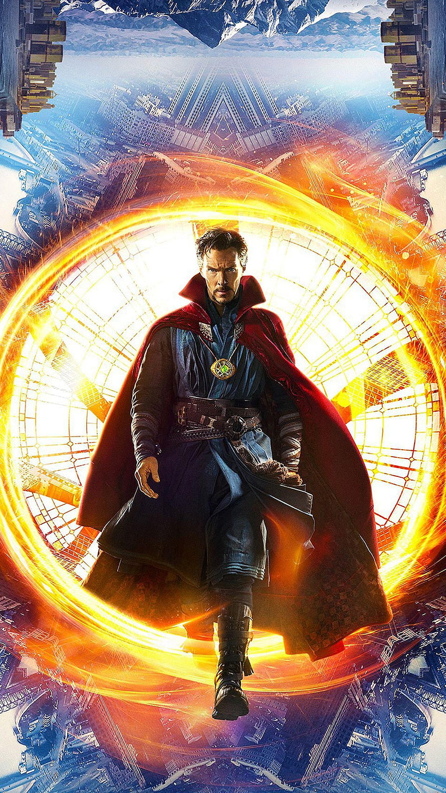 Doctor Strange in a Glowing Portal with a Mirrored Cityscape Background HD phone wallpaper