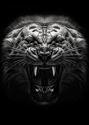 Fierce roaring tiger face in dramatic black and white high contrast portrait HD phone wallpaper