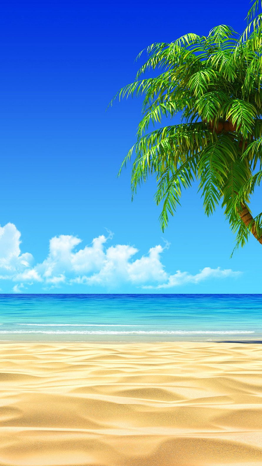 Tropical Beach Scene With Palm Tree, Golden Sand, And Turquoise Ocean Under A Clear Blue Sky HD phone wallpaper