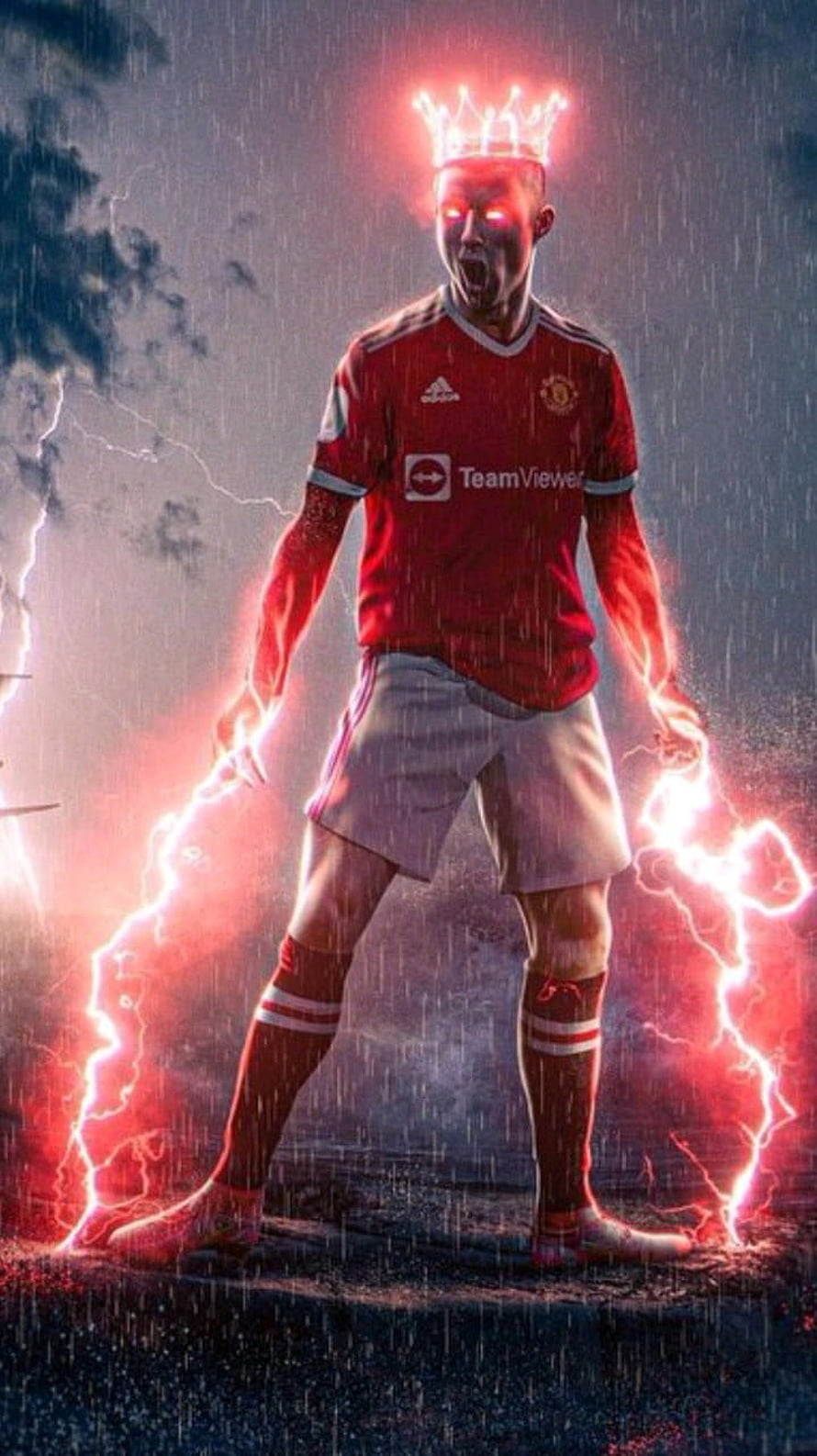 Manchester United football player with glowing crown and lightning powers in red kit, Ronaldo, standing, world HD phone wallpaper