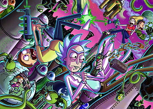 Rick Sanchez and Morty Smith chaotic space adventure with alien creatures and sci-fi gadgets HD wallpaper