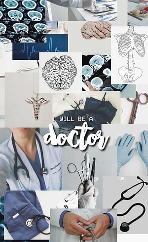 Medical Career Inspiration Collage Featuring Doctor, Stethoscope, Brain Scans, Surgical Tools, and Anatomy Illustrations HD phone wallpaper
