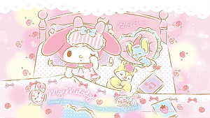 My Melody Sleeping in Bed with Friends in a Cute Pink Bedroom HD wallpaper