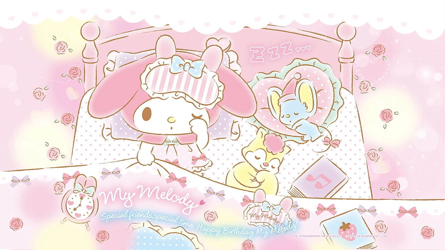 My Melody Sleeping in Bed with Friends in a Cute Pink Bedroom HD wallpaper