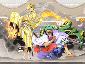 One Piece Roronoa Zoro and Sanji in Dynamic Sword Fight with Flame Effects HD wallpaper