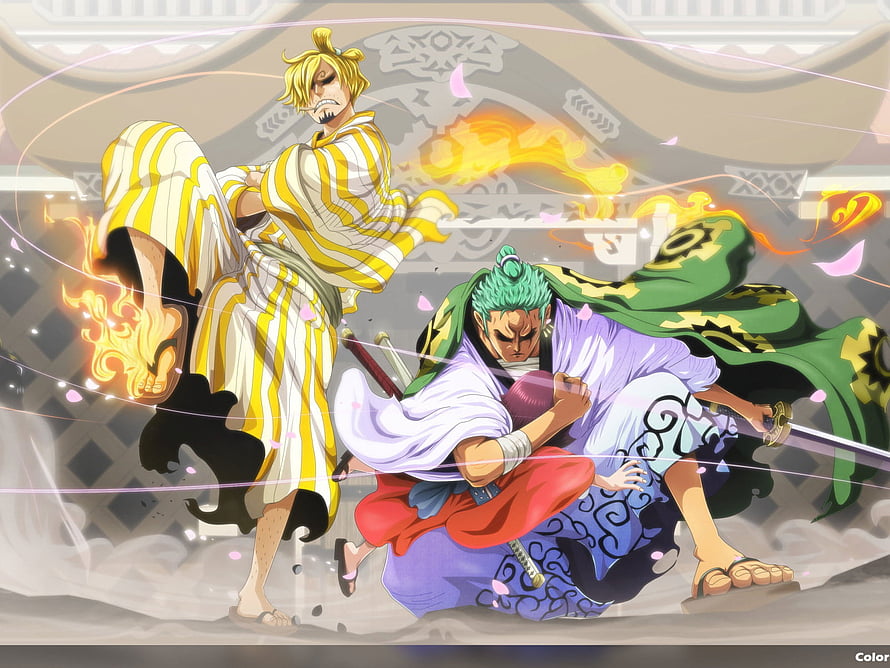 One Piece Roronoa Zoro and Sanji in Dynamic Sword Fight with Flame Effects HD wallpaper