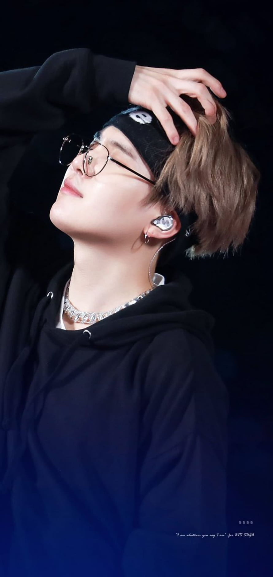 BTS Suga in Black Hoodie and Round Glasses with Headband and In-Ear Monitor HD phone wallpaper