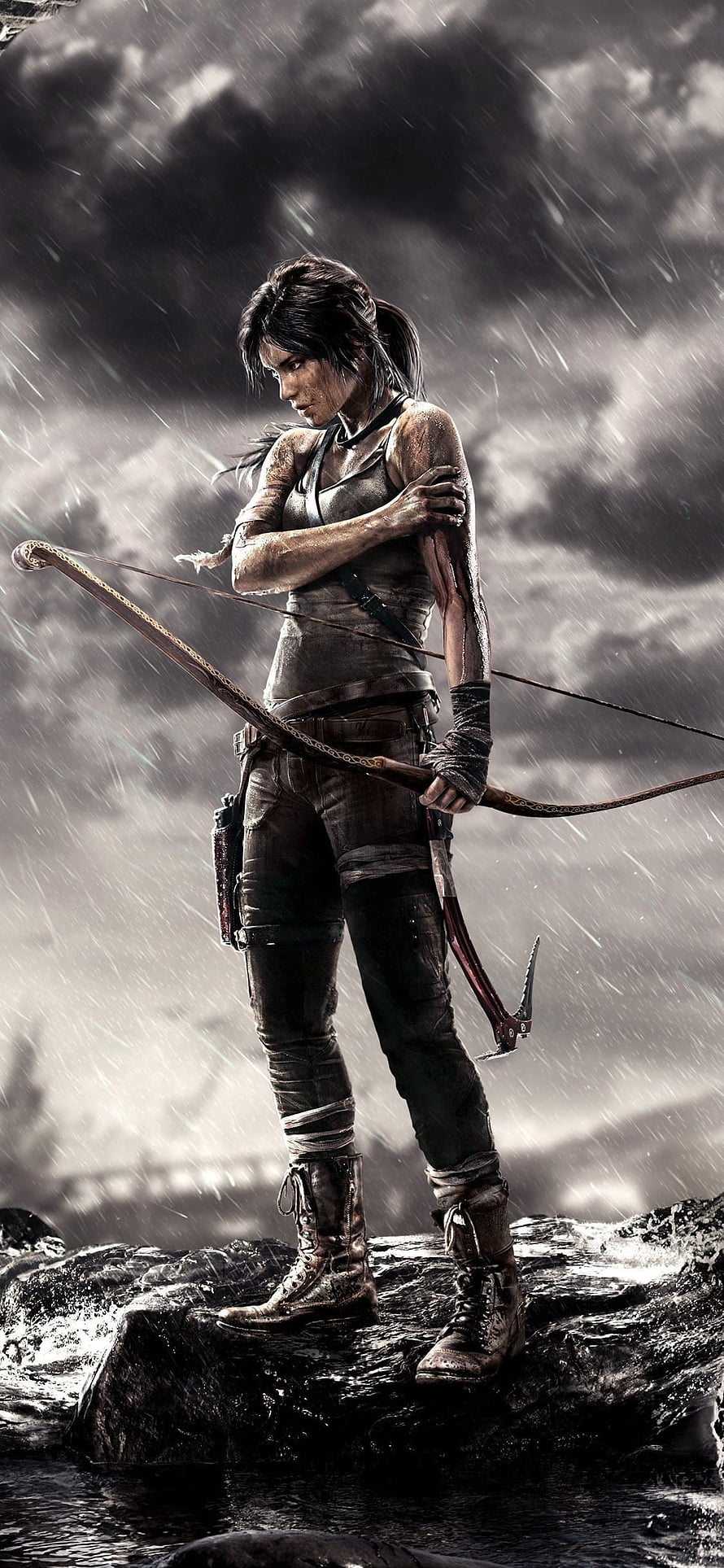 Lara Croft from Tomb Raider standing on wet rocks in heavy rain holding a recurve bow HD phone wallpaper