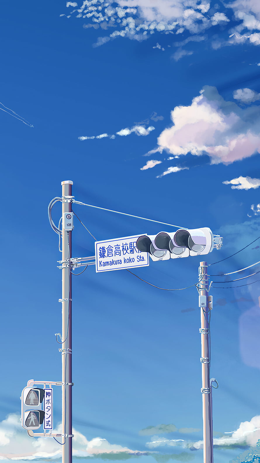 Makoto Shinkai Anime Style Japanese Street Sign and Traffic Lights Under Blue Sky HD phone wallpaper