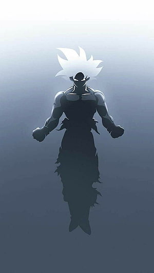 Silhouette of Goku in Ultra Instinct Form Floating in Misty Blue Void HD phone wallpaper