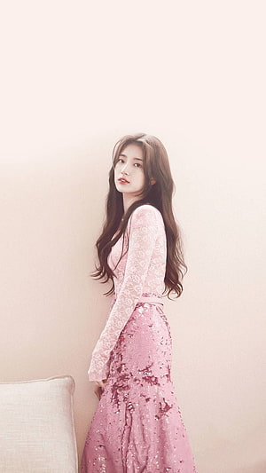 Bae Suzy in a Soft Pink Lace and Sequin Gown with Long Wavy Hair HD phone wallpaper