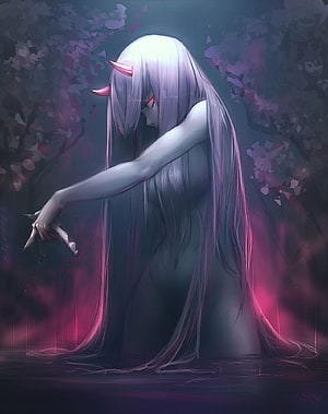 Zero Two from Darling in the Franxx in a moody dark fantasy setting with long white hair and horns HD phone wallpaper
