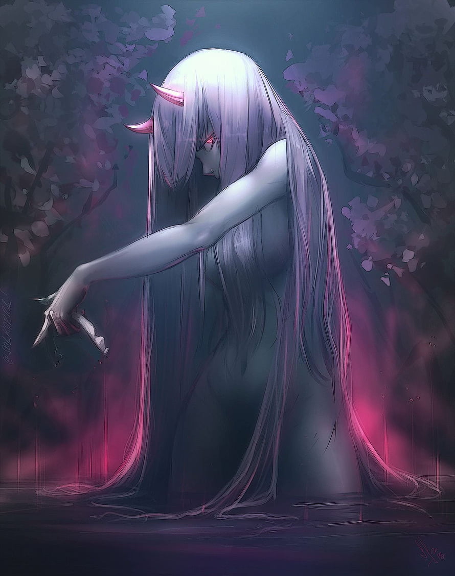 Zero Two from Darling in the Franxx in a moody dark fantasy setting with long white hair and horns HD phone wallpaper