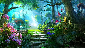 Magical Enchanted Forest Garden with Giant Mushrooms and Vibrant Flowers HD wallpaper