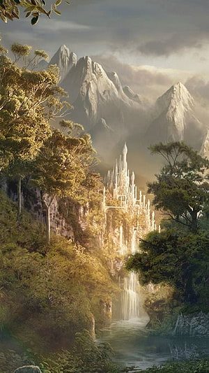 Lord of the Rings Fantasy Landscape with Majestic White Castle and Waterfall in Misty Mountains HD phone wallpaper