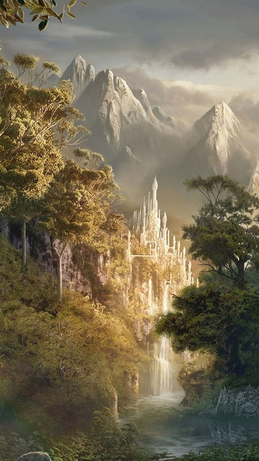 Lord of the Rings Fantasy Landscape with Majestic White Castle and Waterfall in Misty Mountains HD phone wallpaper