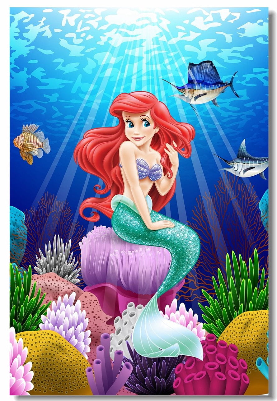 Ariel from The Little Mermaid Sitting on a Coral Reef with Tropical Fish in an Underwater Scene HD phone wallpaper