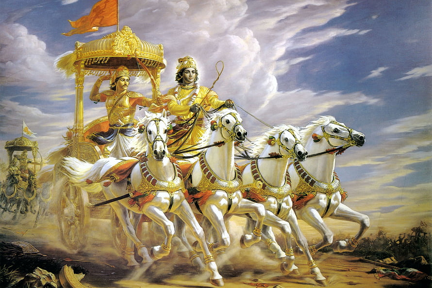 Arjuna and Krishna in the Chariot from the Mahabharata Epic HD wallpaper