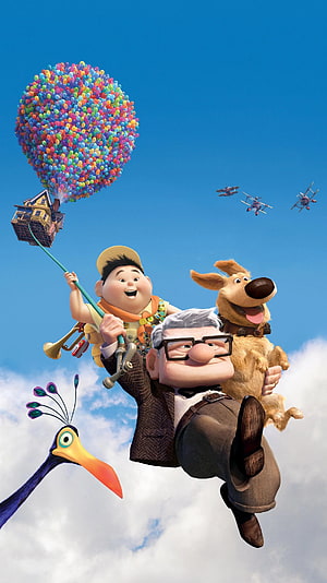 Up Movie Characters Flying Through Clouds With Balloon House and Biplanes HD phone wallpaper