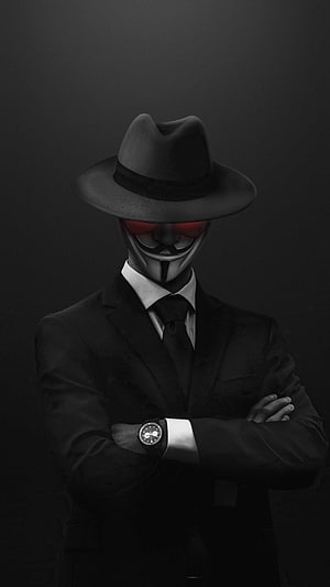 Anonymous Hacker in Suit and Fedora with Glowing Red Eyes HD phone wallpaper