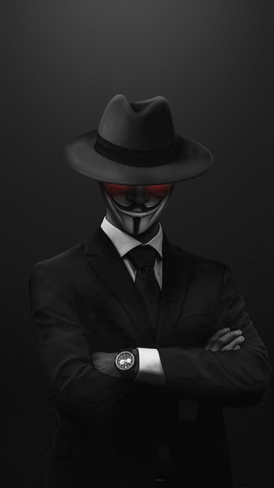 Anonymous Hacker in Suit and Fedora with Glowing Red Eyes HD phone wallpaper