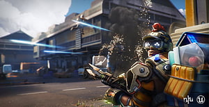 Farlight 84 Soldier in Combat Zone with Explosions and Laser Fire HD wallpaper