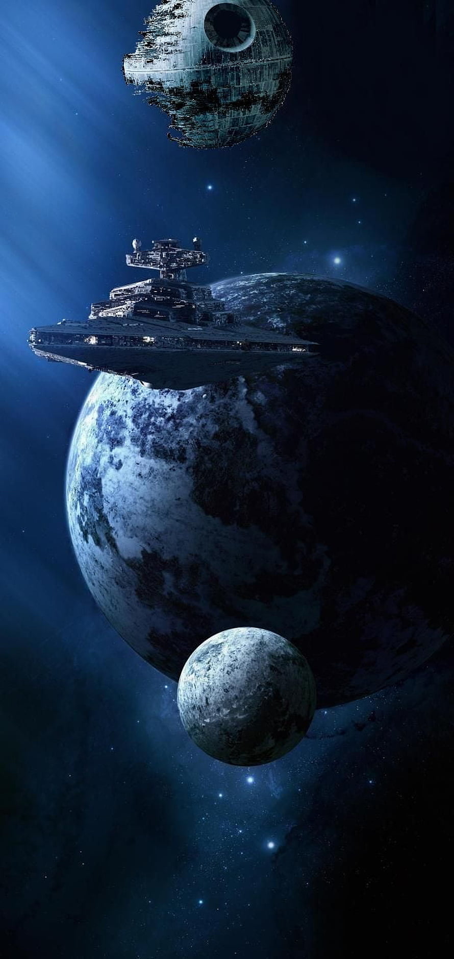 Star Wars Imperial Star Destroyer and Death Star Orbiting a Distant Planet in Deep Space HD phone wallpaper