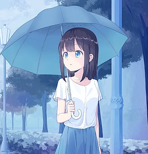 Anime Girl With Blue Umbrella In Rainy Park HD phone wallpaper