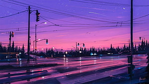 Vibrant Purple Sunset Over Wet City Intersection With Traffic Lights And Power Lines HD wallpaper