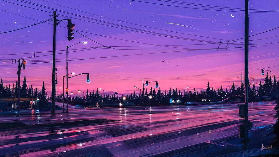Vibrant Purple Sunset Over Wet City Intersection With Traffic Lights And Power Lines HD wallpaper