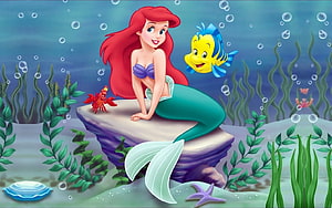 Ariel and Flounder Sitting on a Rock in an Underwater Scene from The Little Mermaid HD wallpaper