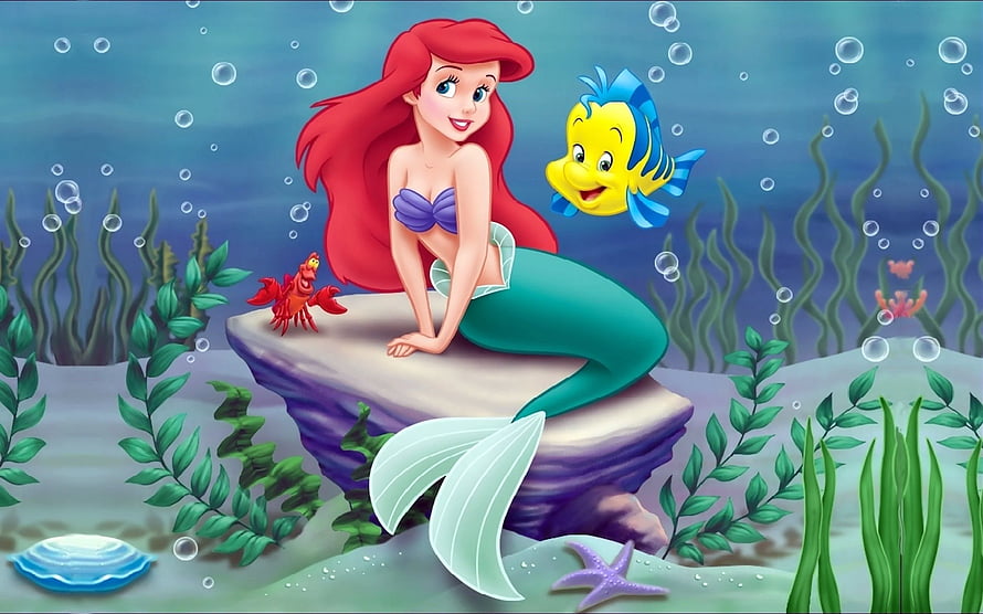 Ariel and Flounder Sitting on a Rock in an Underwater Scene from The Little Mermaid HD wallpaper